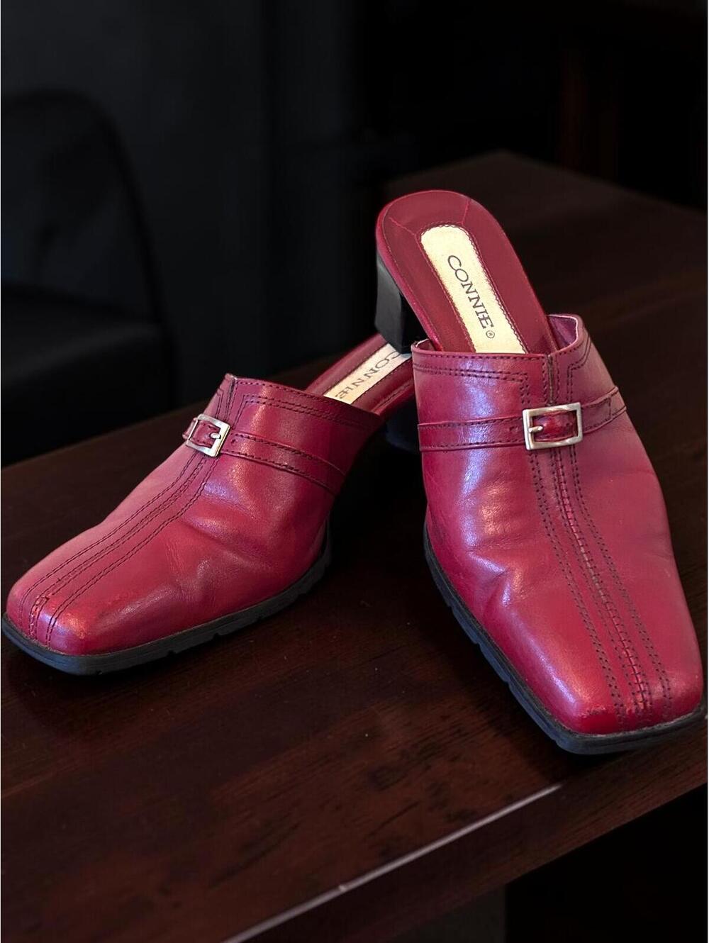 Vintage Connie Deep Red Leather Block Heeled Mule Size 6